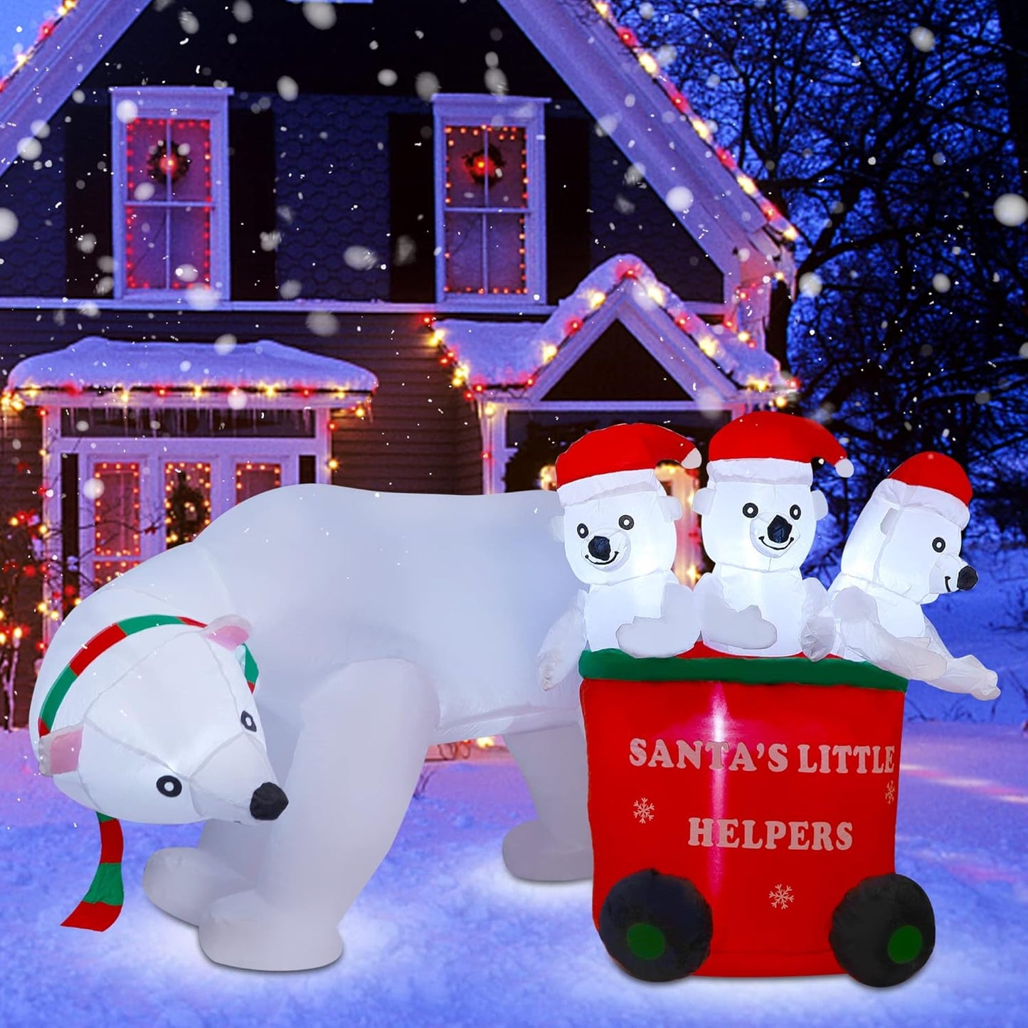 "7FT Inflatable Polar Bear with Santa Hat & Cubs"