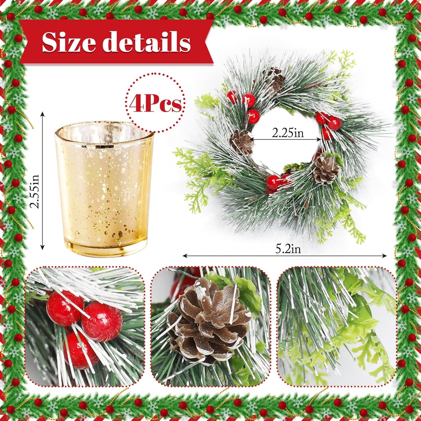 Christmas Candle Ring with Red Berry Pinecone 4 Pcs