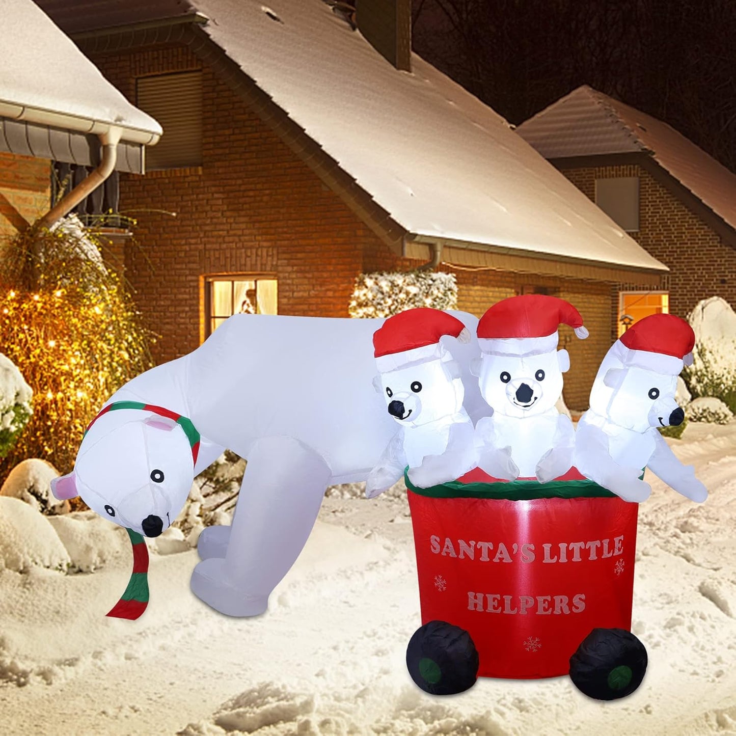 "7FT Inflatable Polar Bear with Santa Hat & Cubs"