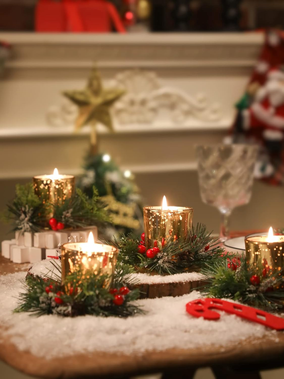 Christmas Candle Ring with Red Berry Pinecone 4 Pcs