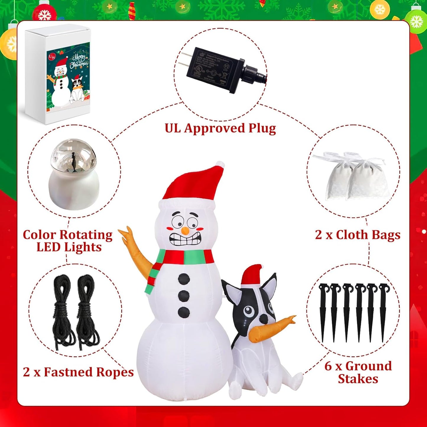 6FT Inflatable Snowman with Dog & Rotating LED Lights