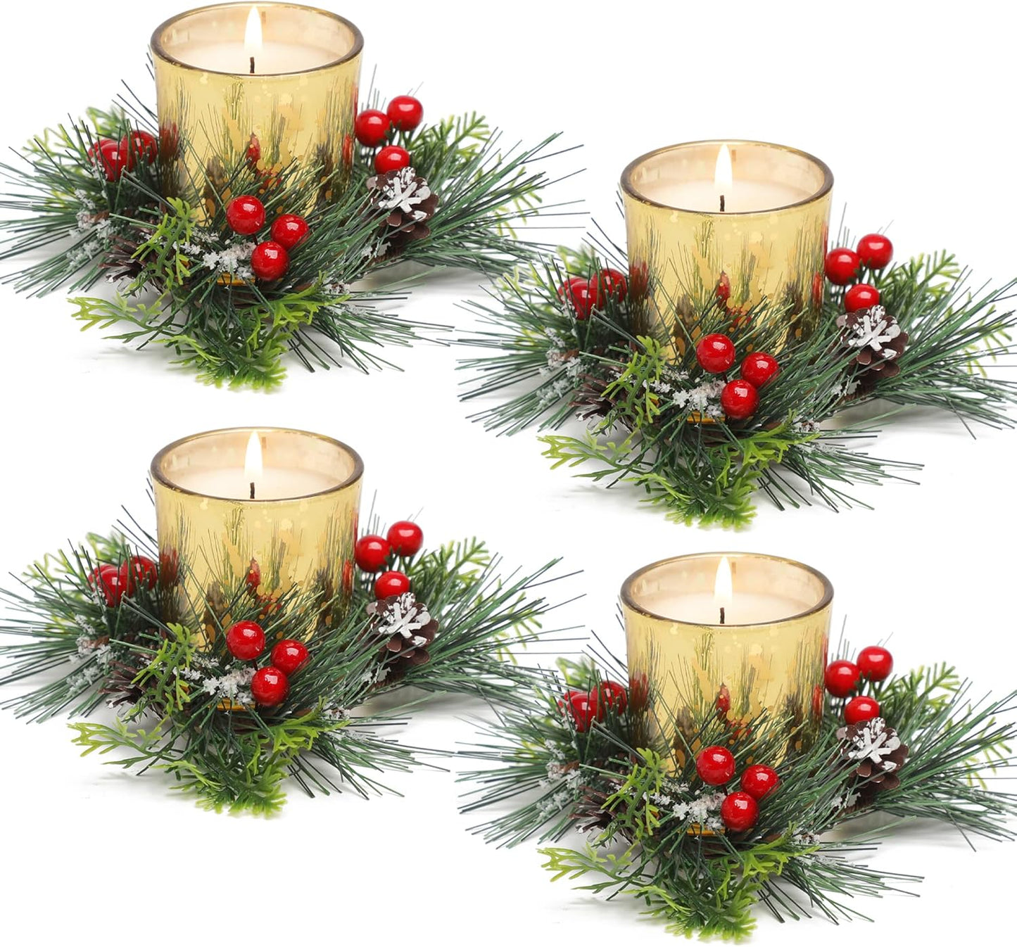 Christmas Candle Ring with Red Berry Pinecone 4 Pcs