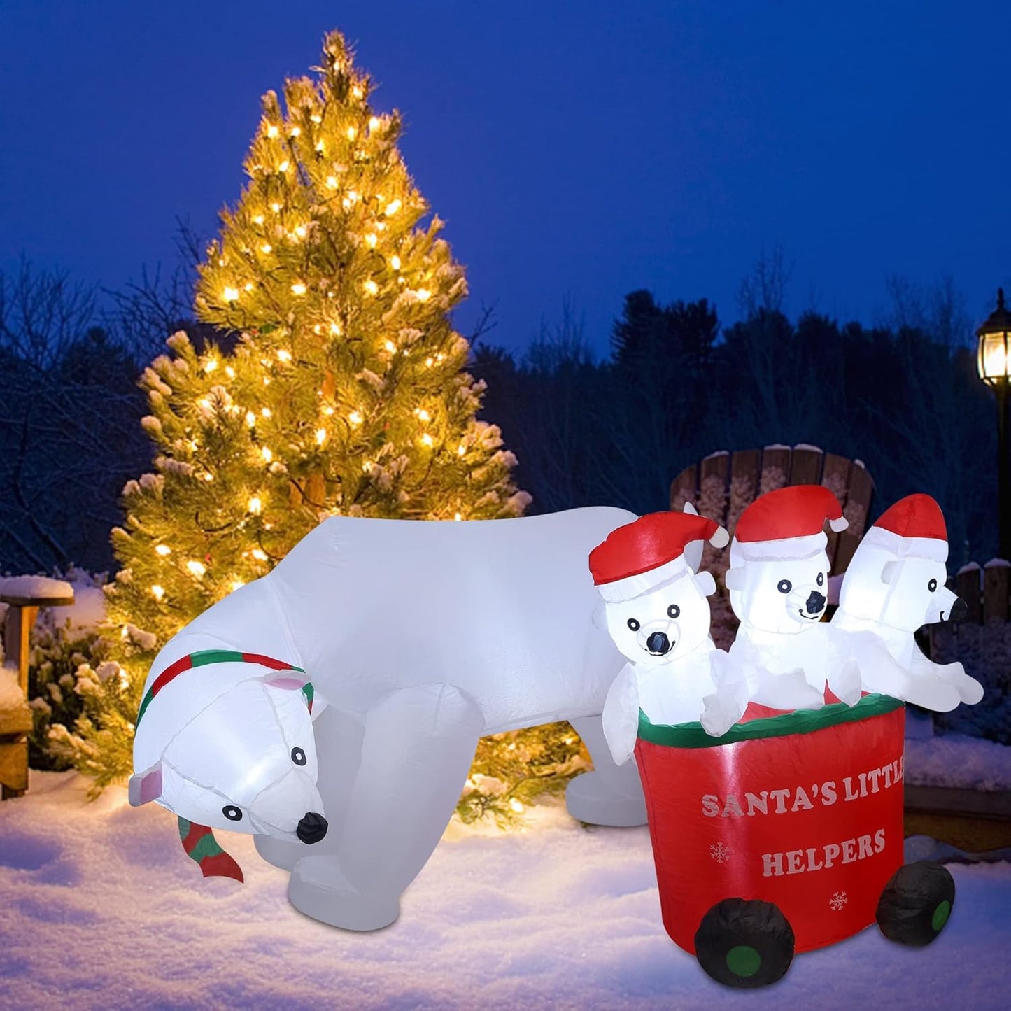 "7FT Inflatable Polar Bear with Santa Hat & Cubs"