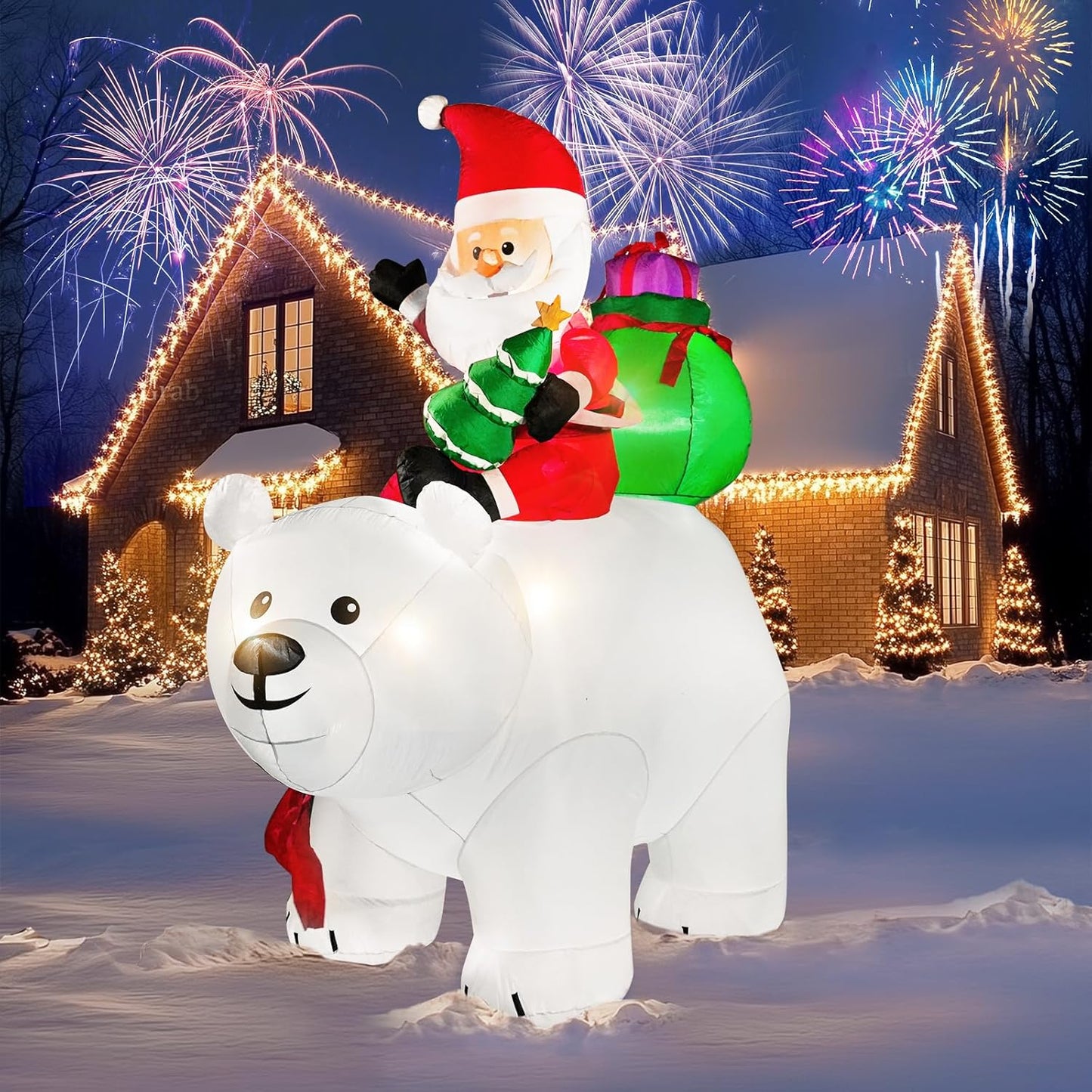 "6FT Santa on Polar Bear Inflatable with LED Lights β Perfect Christmas Yard Decoration"