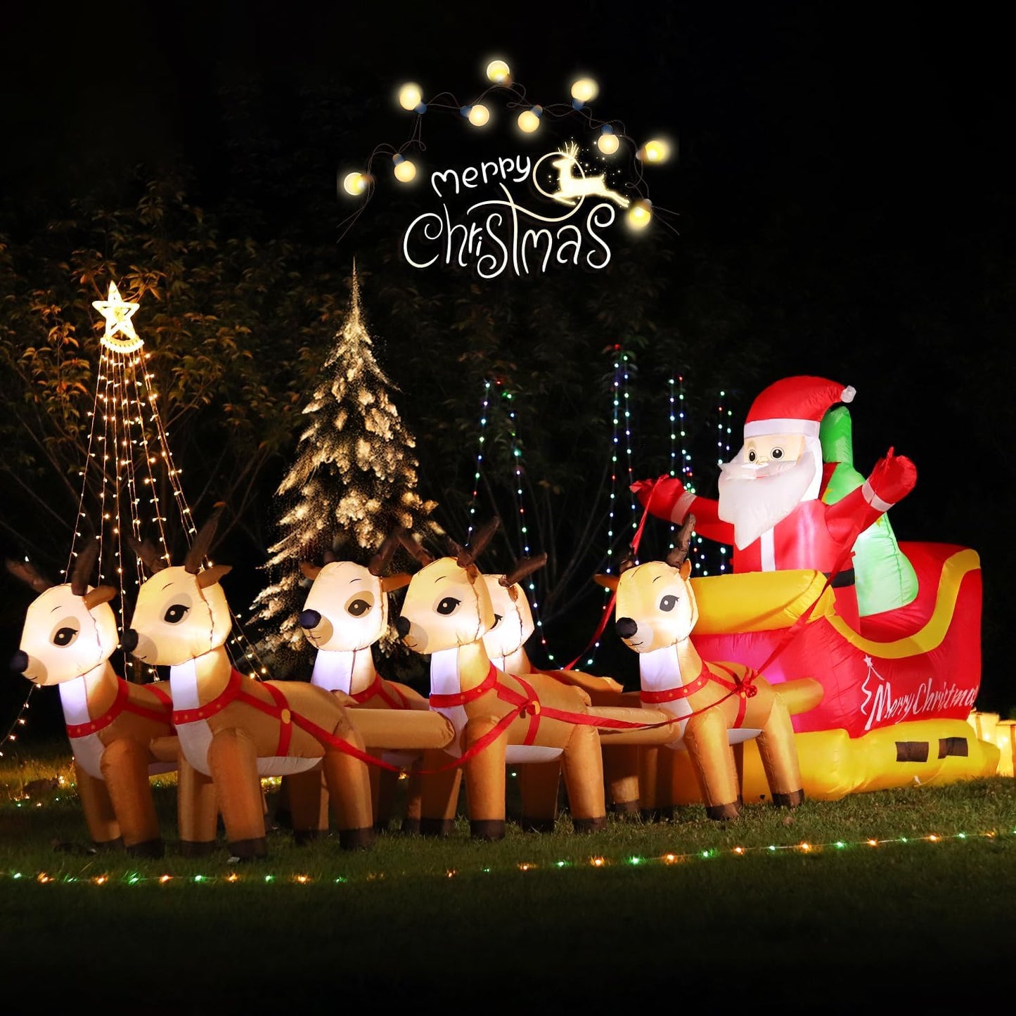 13 FT Huge Christmas Inflatable Santa Claus on Sleigh with Six Reindeers