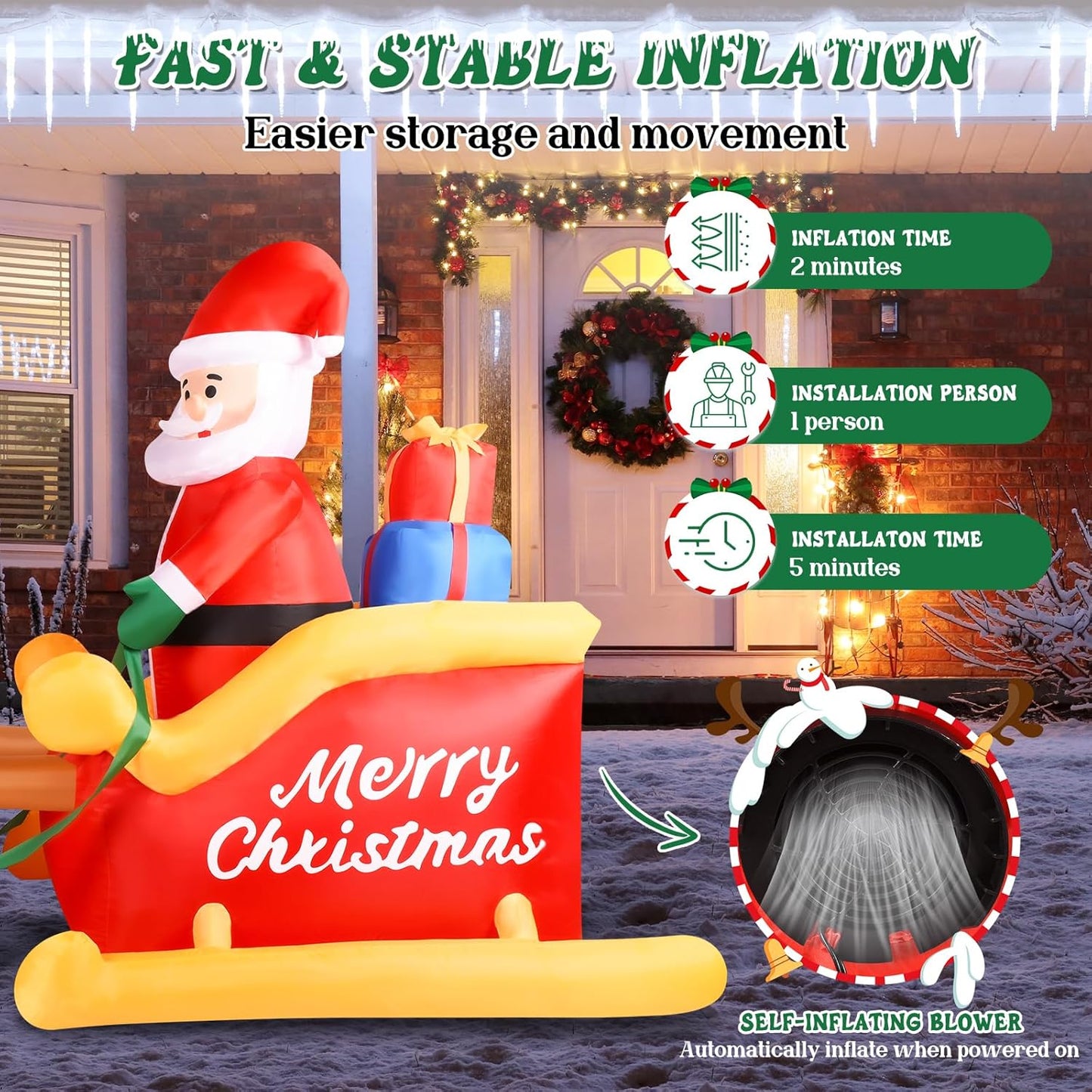 7FT Inflatable Santa Sleigh with Reindeer & LED Lights