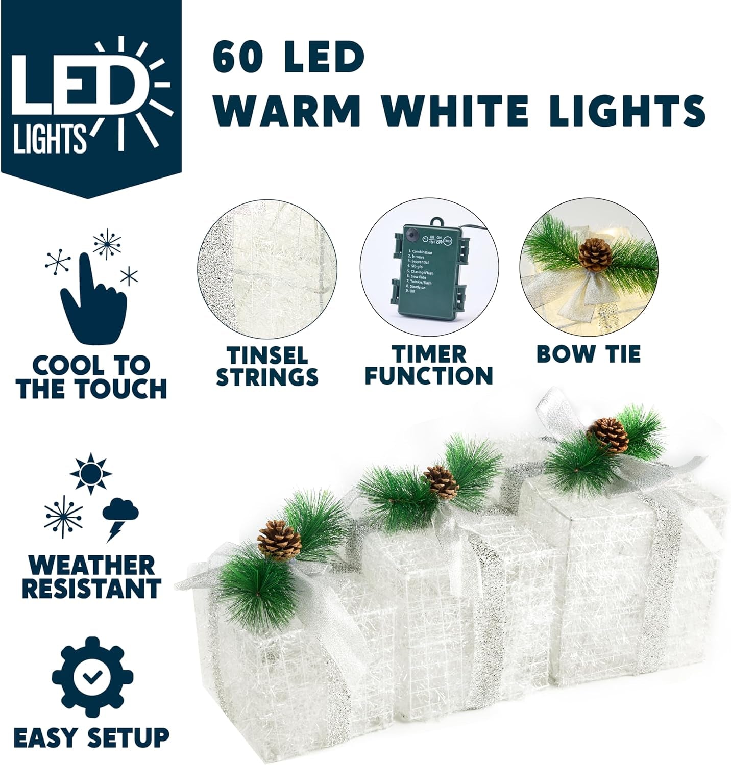 60 LED Christmas Gift Boxes Set of 3