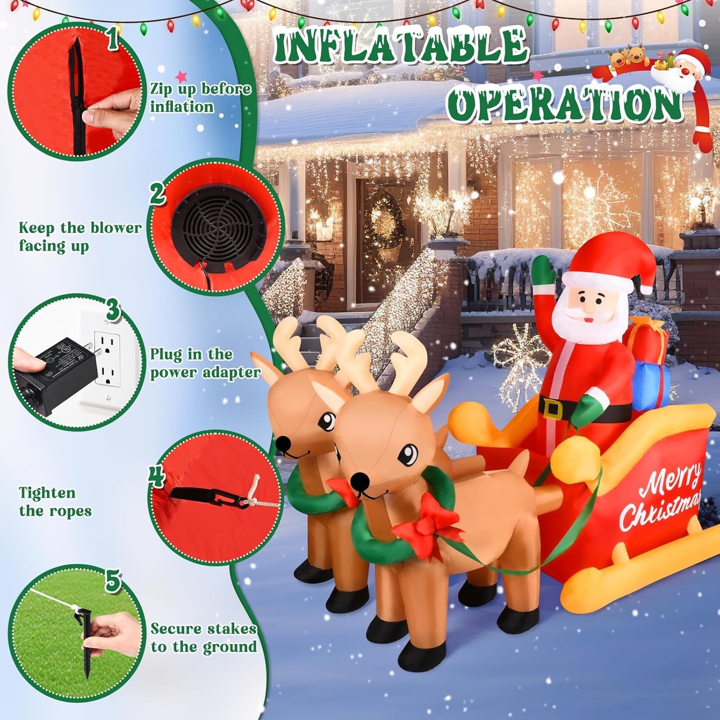7FT Inflatable Santa Sleigh with Reindeer & LED Lights