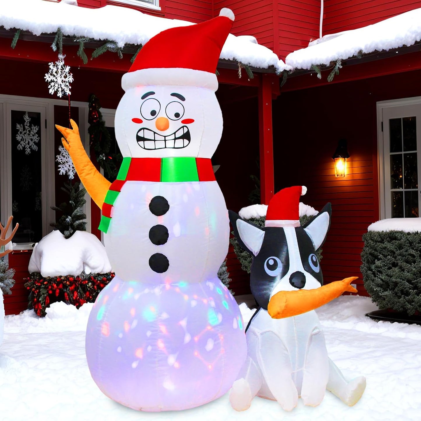 6FT Inflatable Snowman with Dog & Rotating LED Lights