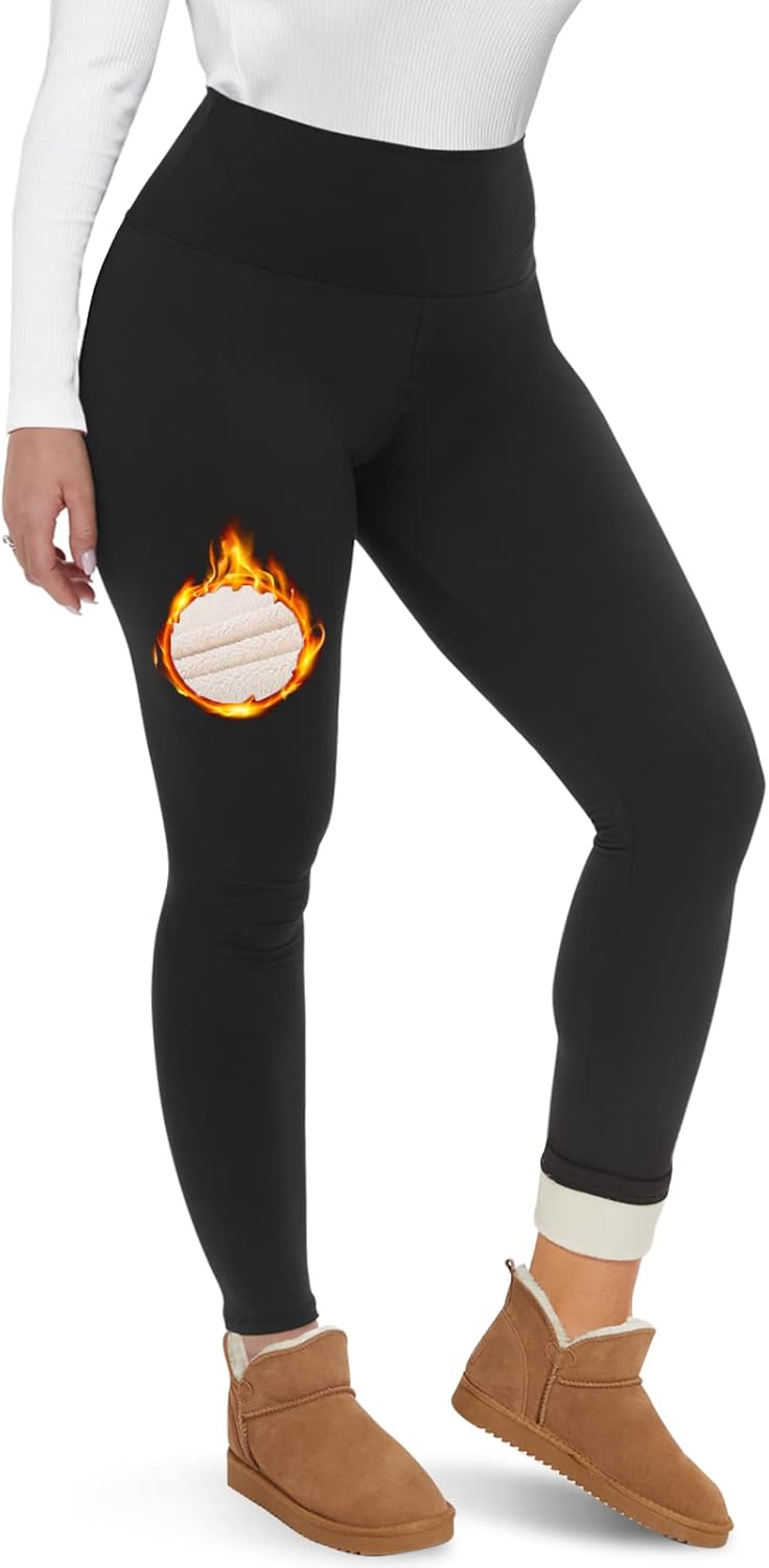 Fleece Lined Leggings Women - Thick Soft High Waisted Black Tummy Control Thermal Warm Velvet Pants for Cold Winter