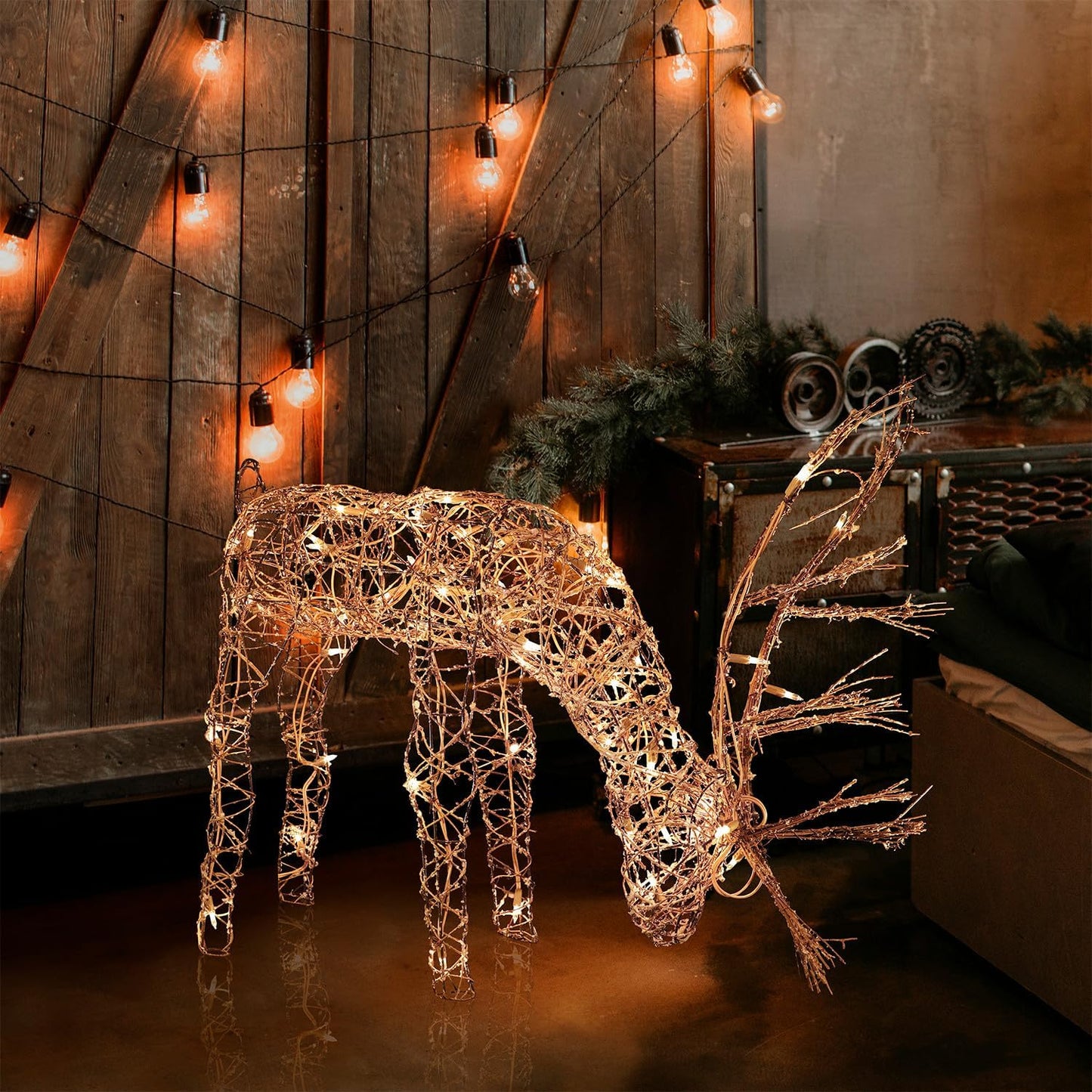 24" Outdoor Rattan Grazing Reindeer with Twinkling White Lights! π¦β¨