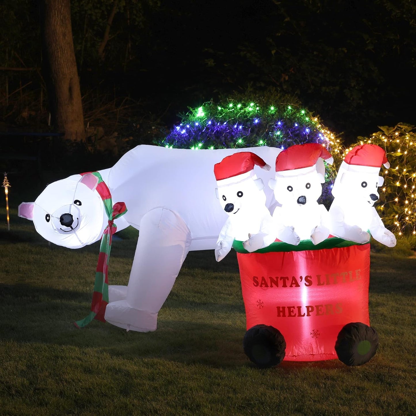 "7FT Inflatable Polar Bear with Santa Hat & Cubs"
