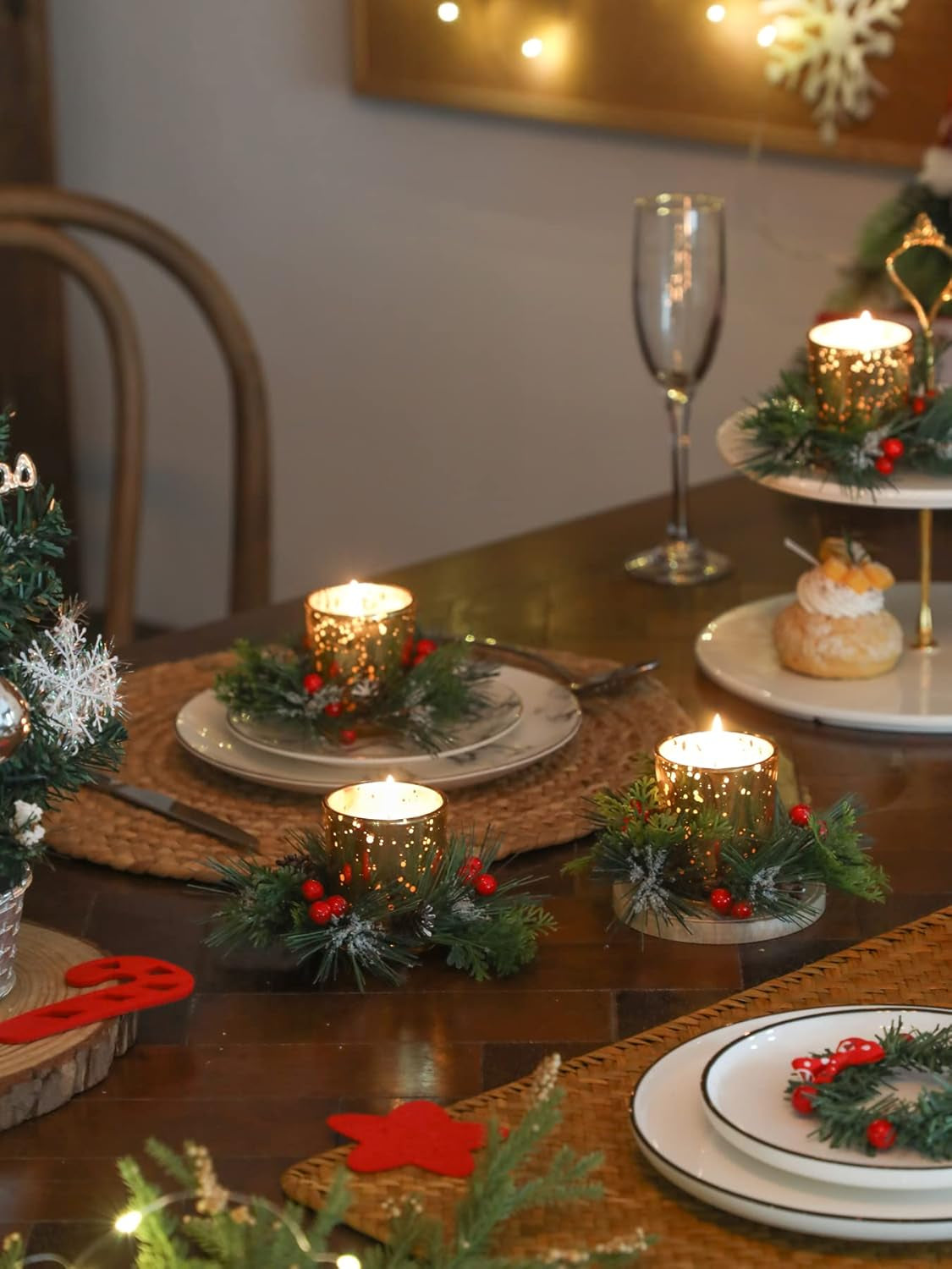 Christmas Candle Ring with Red Berry Pinecone 4 Pcs