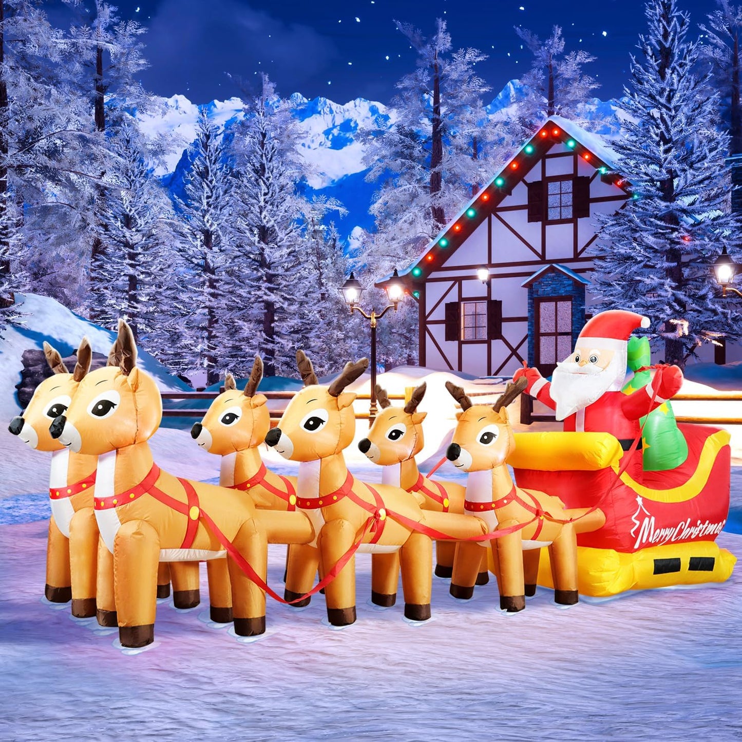 13 FT Huge Christmas Inflatable Santa Claus on Sleigh with Six Reindeers