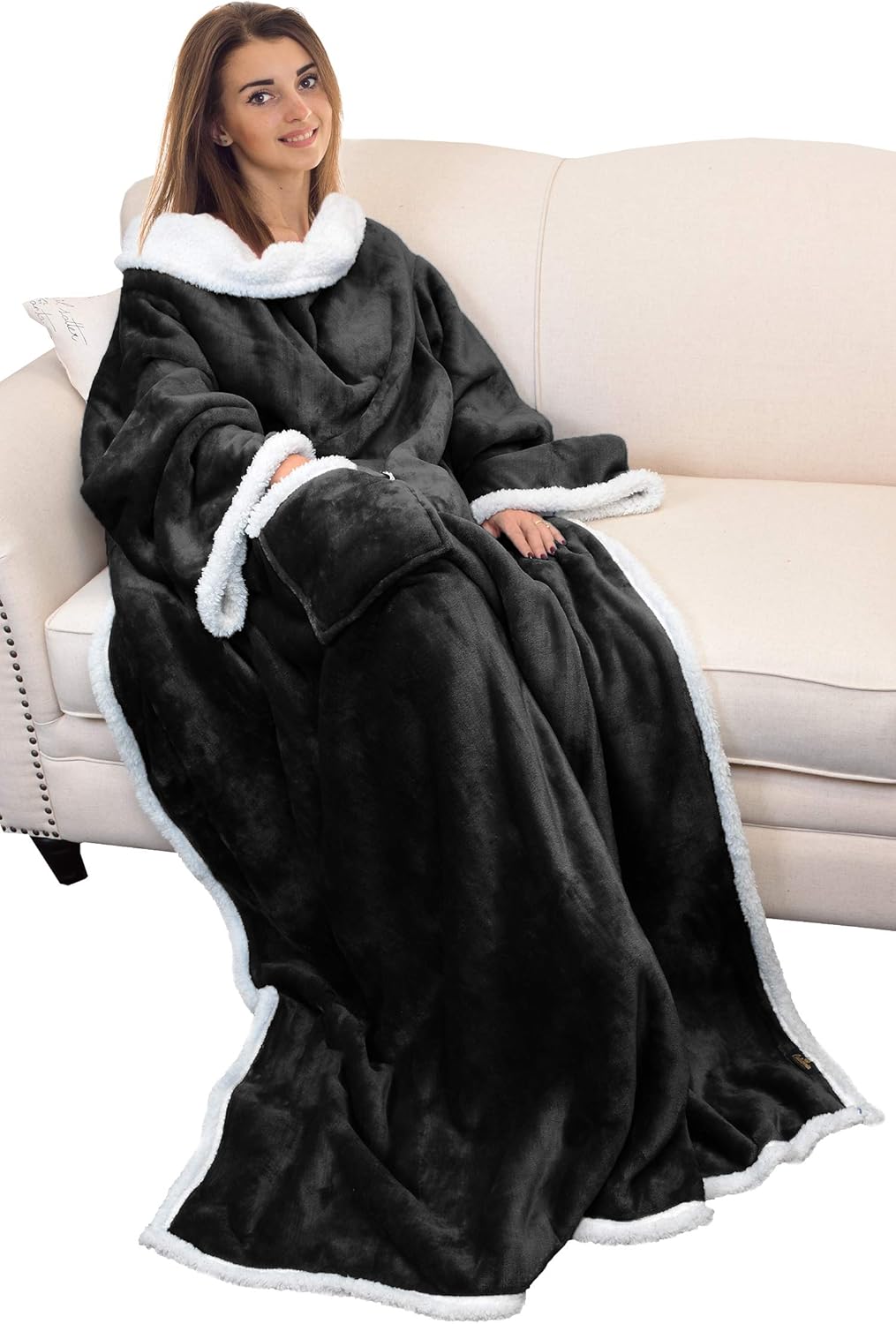 Sherpa Wearable Blanket with Sleeves Arms for Women and Men