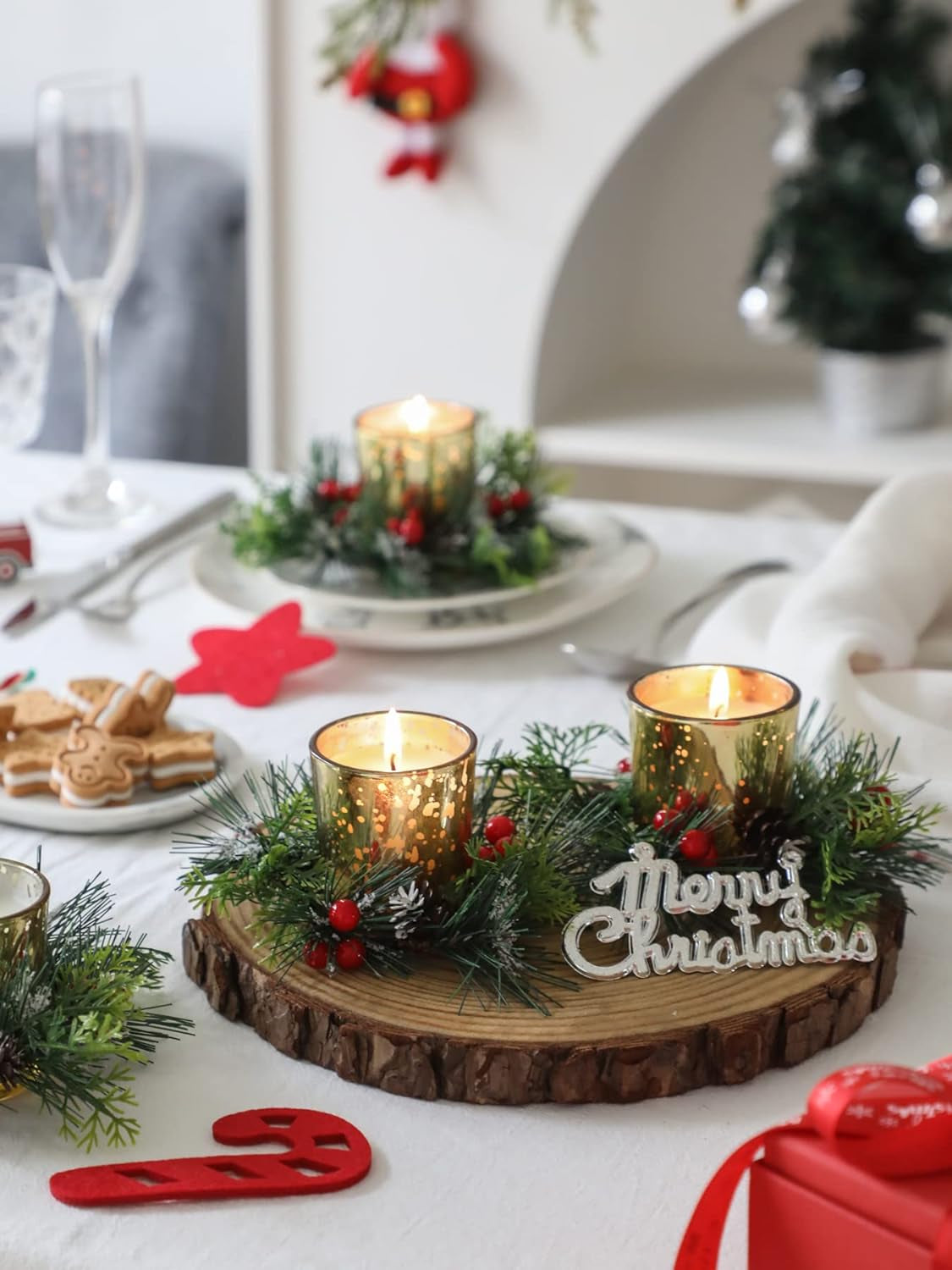 Christmas Candle Ring with Red Berry Pinecone 4 Pcs