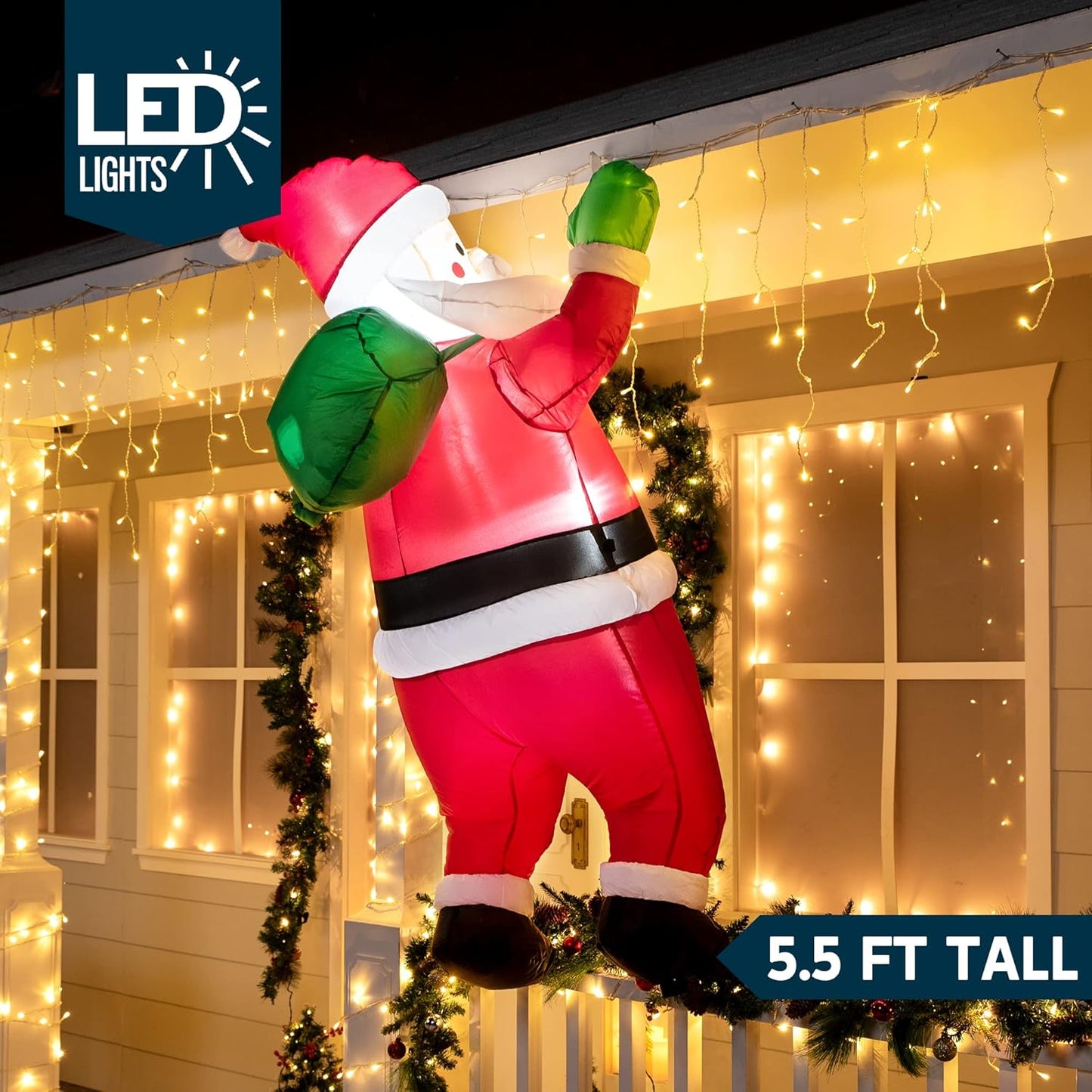5.5FT Inflatable Hanging Santa with Gift Bag & LED Lights
