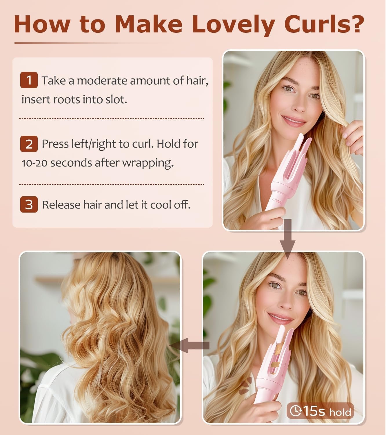 Auto Hair Curler, 4 Temps & 3 Timer Pink