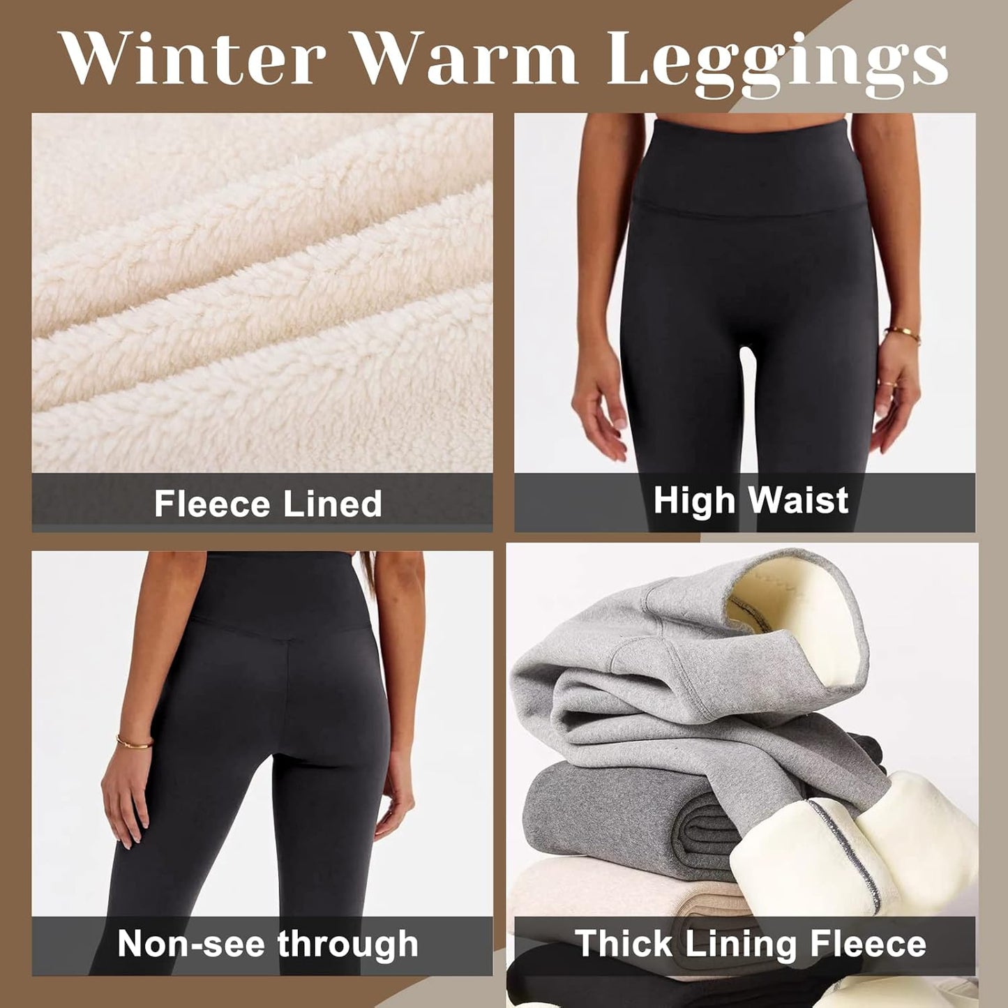 Fleece Lined Leggings Women - Thick Soft High Waisted Black Tummy Control Thermal Warm Velvet Pants for Cold Winter