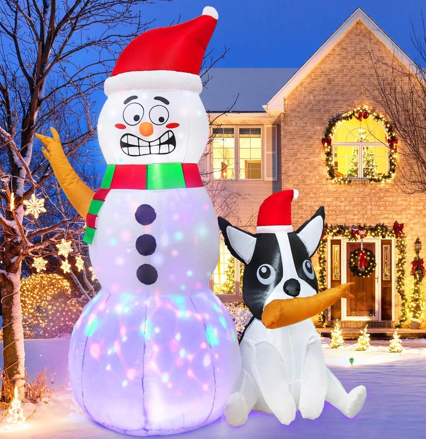 6FT Inflatable Snowman with Dog & Rotating LED Lights