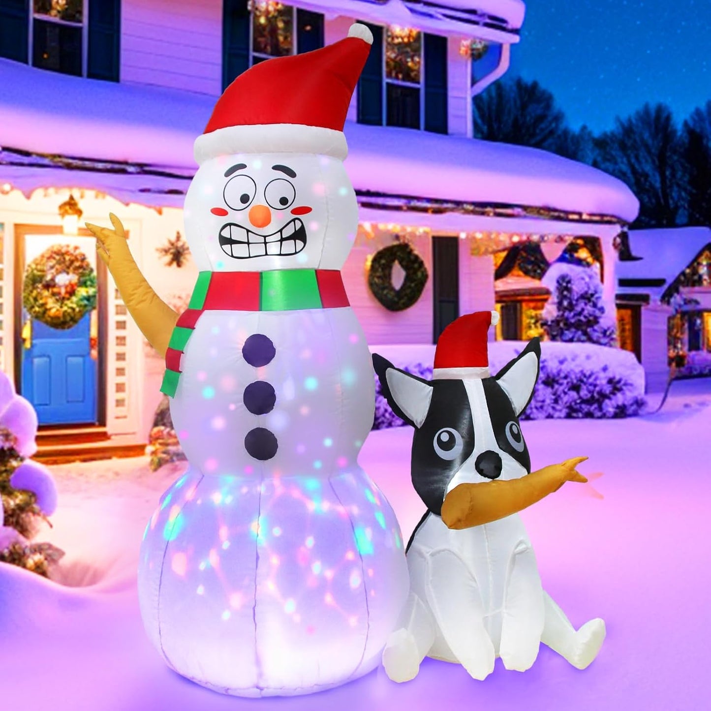 6FT Inflatable Snowman with Dog & Rotating LED Lights