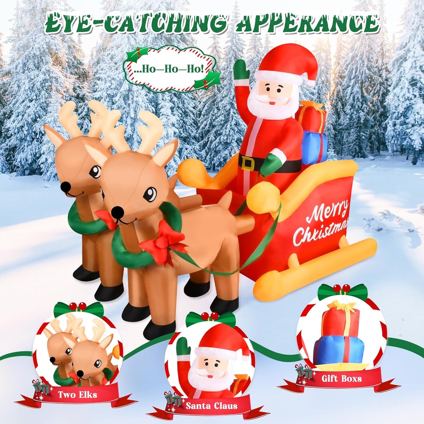 7FT Inflatable Santa Sleigh with Reindeer & LED Lights