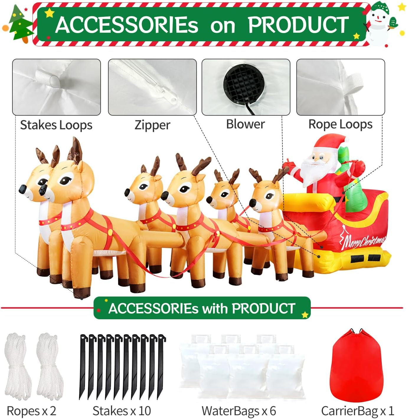 13 FT Huge Christmas Inflatable Santa Claus on Sleigh with Six Reindeers
