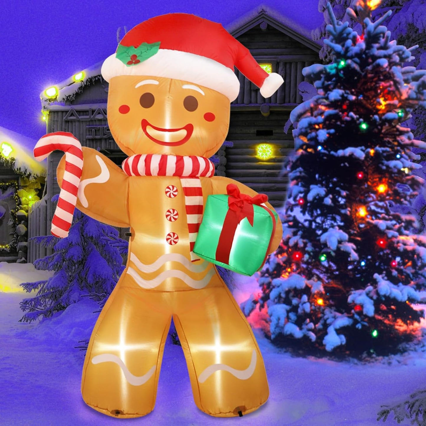 "8FT Gingerbread Man Inflatable with LED Lights β Perfect Christmas Yard Decoration"