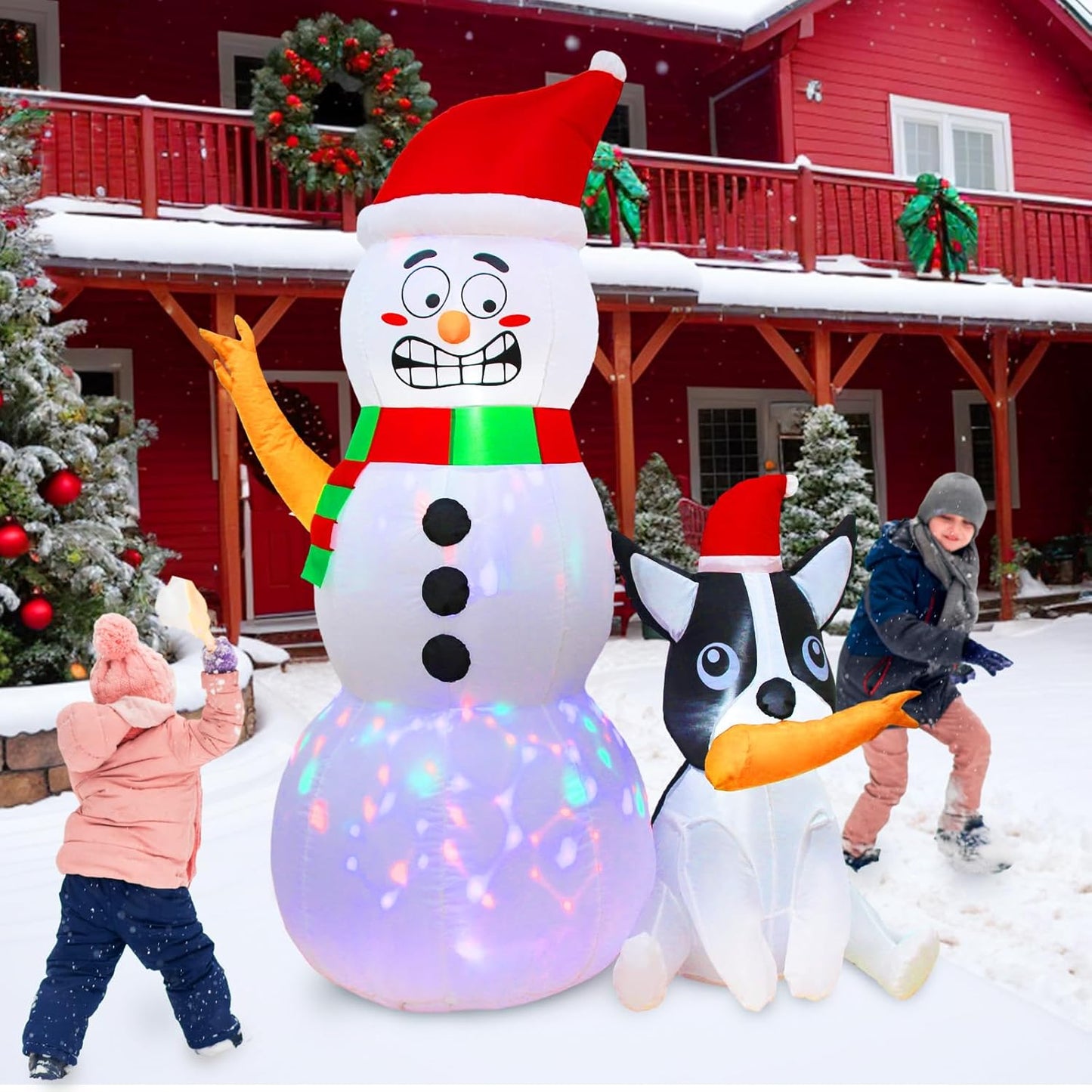 6FT Inflatable Snowman with Dog & Rotating LED Lights