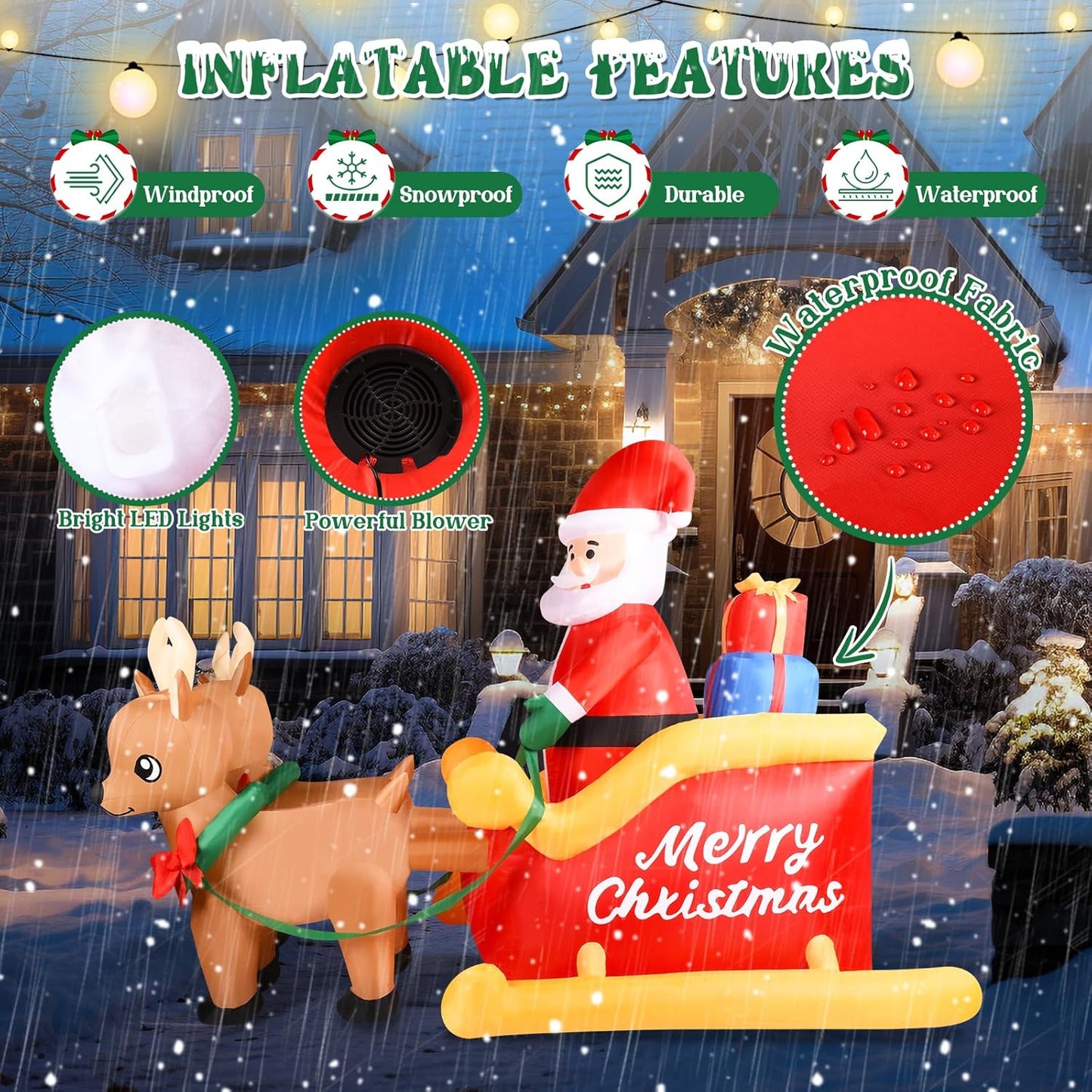 7FT Inflatable Santa Sleigh with Reindeer & LED Lights