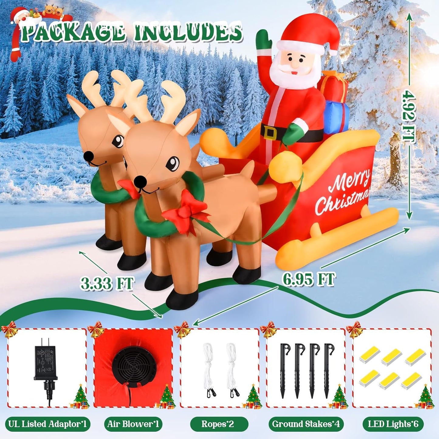 7FT Inflatable Santa Sleigh with Reindeer & LED Lights