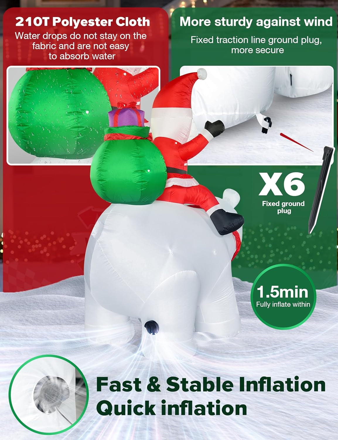 "6FT Santa on Polar Bear Inflatable with LED Lights β Perfect Christmas Yard Decoration"