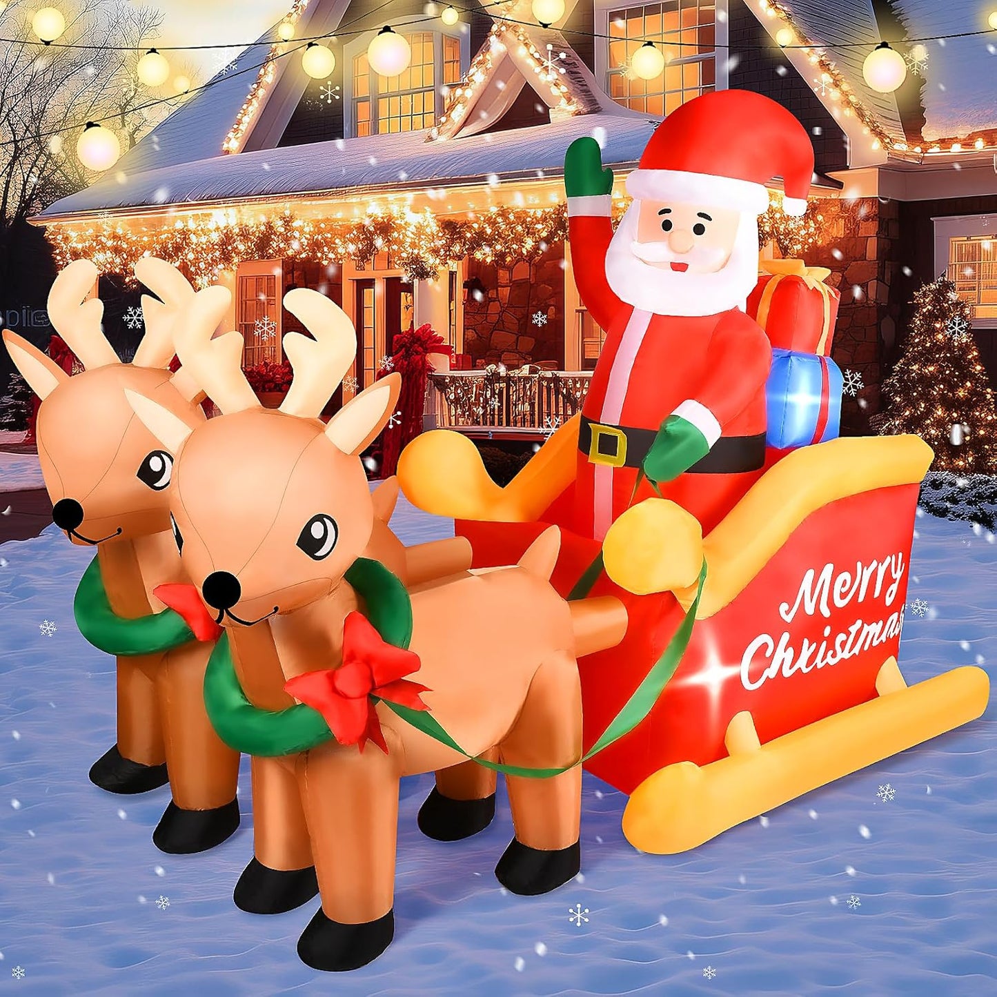 7FT Inflatable Santa Sleigh with Reindeer & LED Lights