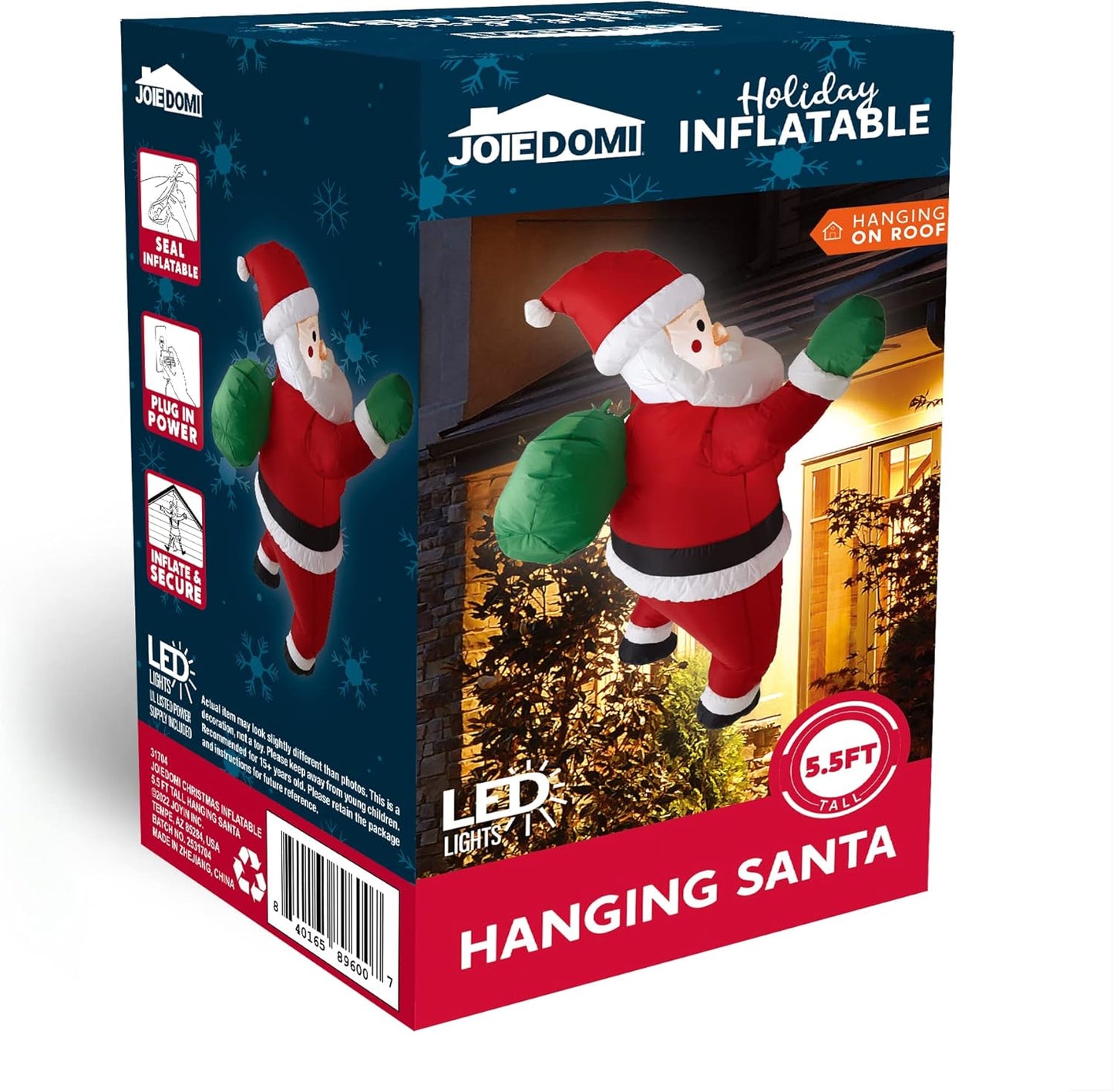 5.5FT Inflatable Hanging Santa with Gift Bag & LED Lights