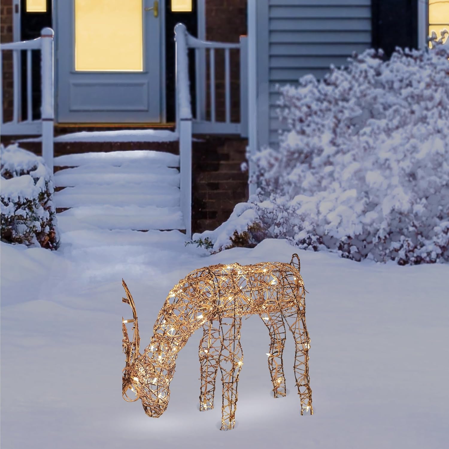 24" Outdoor Rattan Grazing Reindeer with Twinkling White Lights! 🦌✨