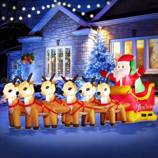 13 FT Huge Christmas Inflatable Santa Claus on Sleigh with Six Reindeers