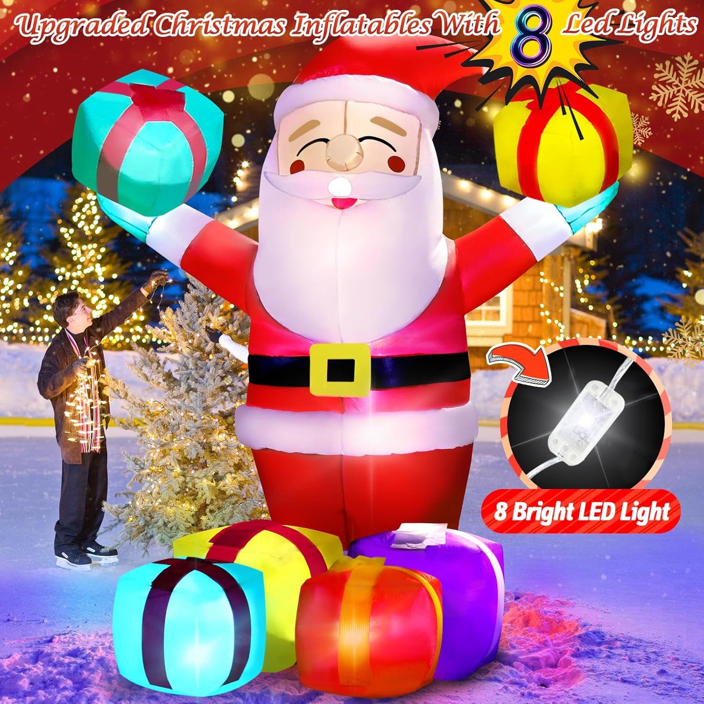 7FT Inflatable Santa with Presents & LED Lights