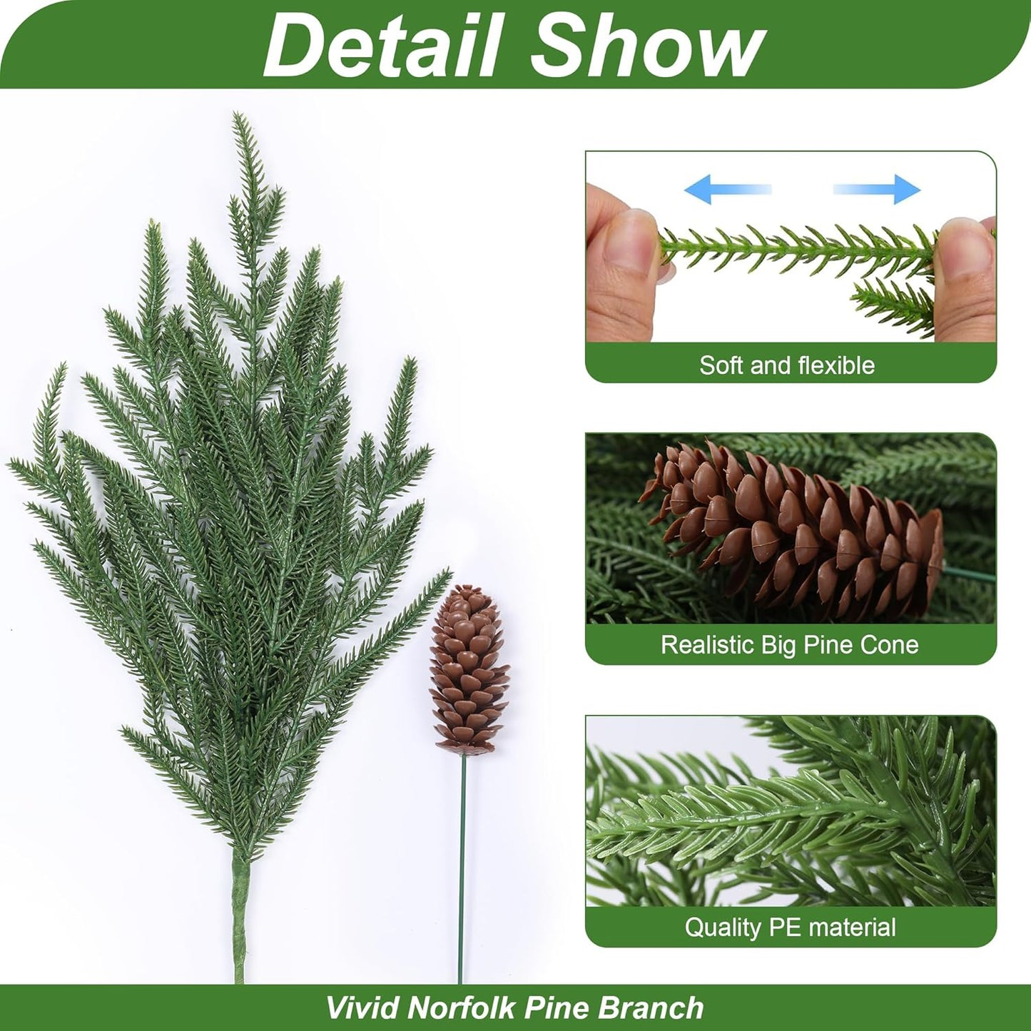 Artificial Christmas Norfolk Pine Stems Branches for Vases,12 Bundles 