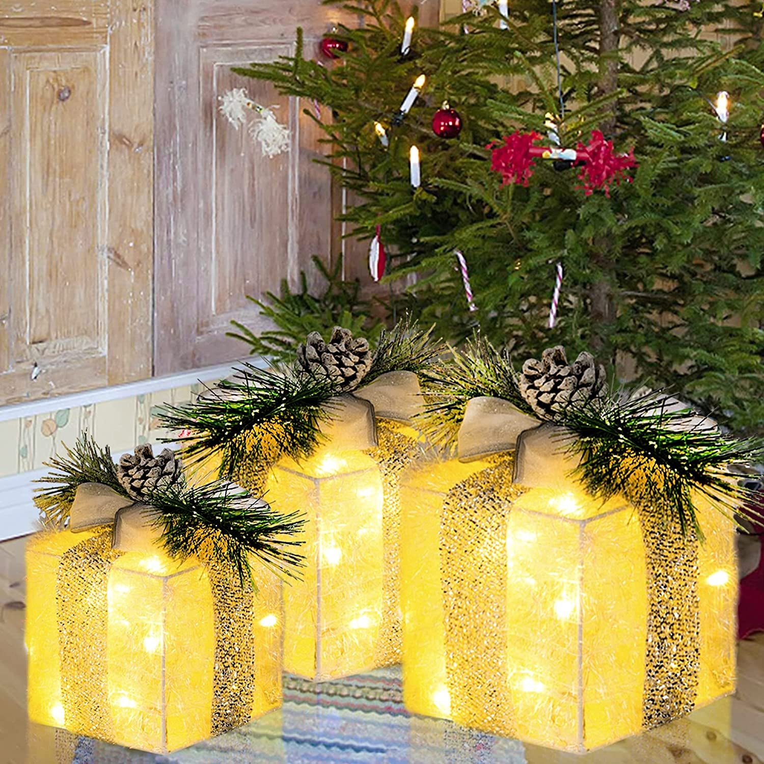  Pre-Lit 60 LED Christmas Gift Boxes Set of 3