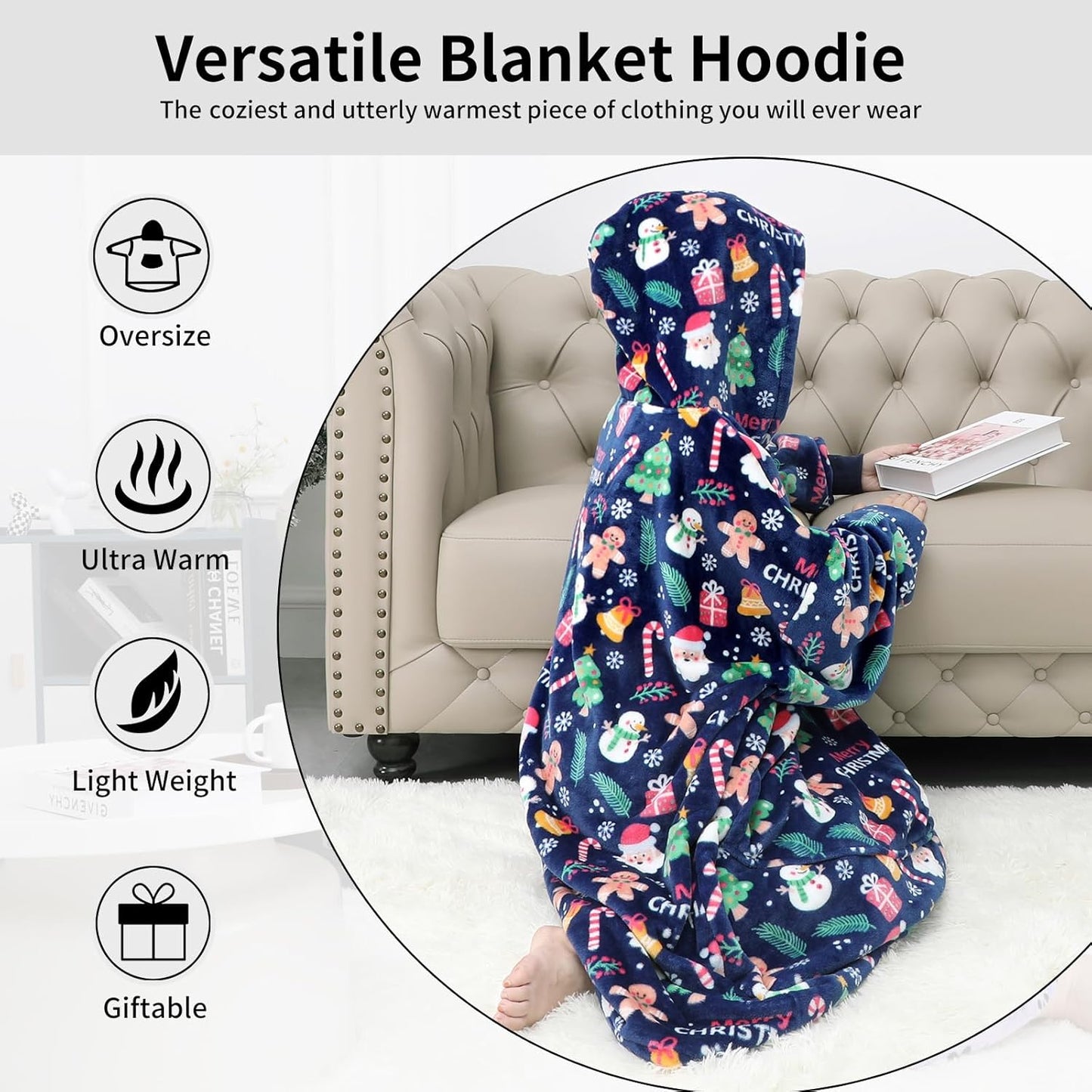 Oversized Blanket Hoodie for Adults Extra Long with Giant Sleeve, Hood and Pocket