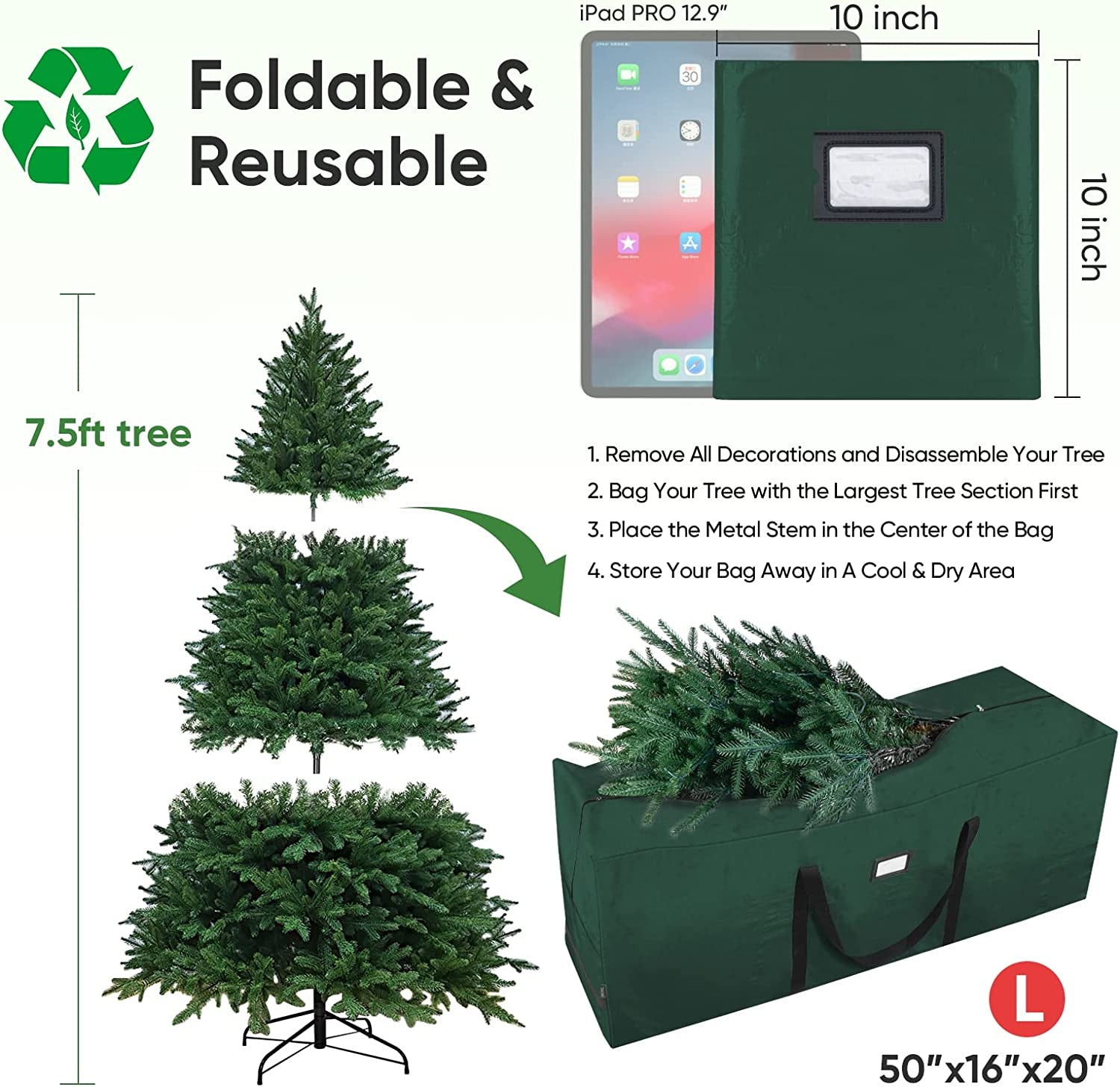 7.5 Ft Christmas Tree Storage Bag - XL, Reinforced Handles, Wide Zip (Green)