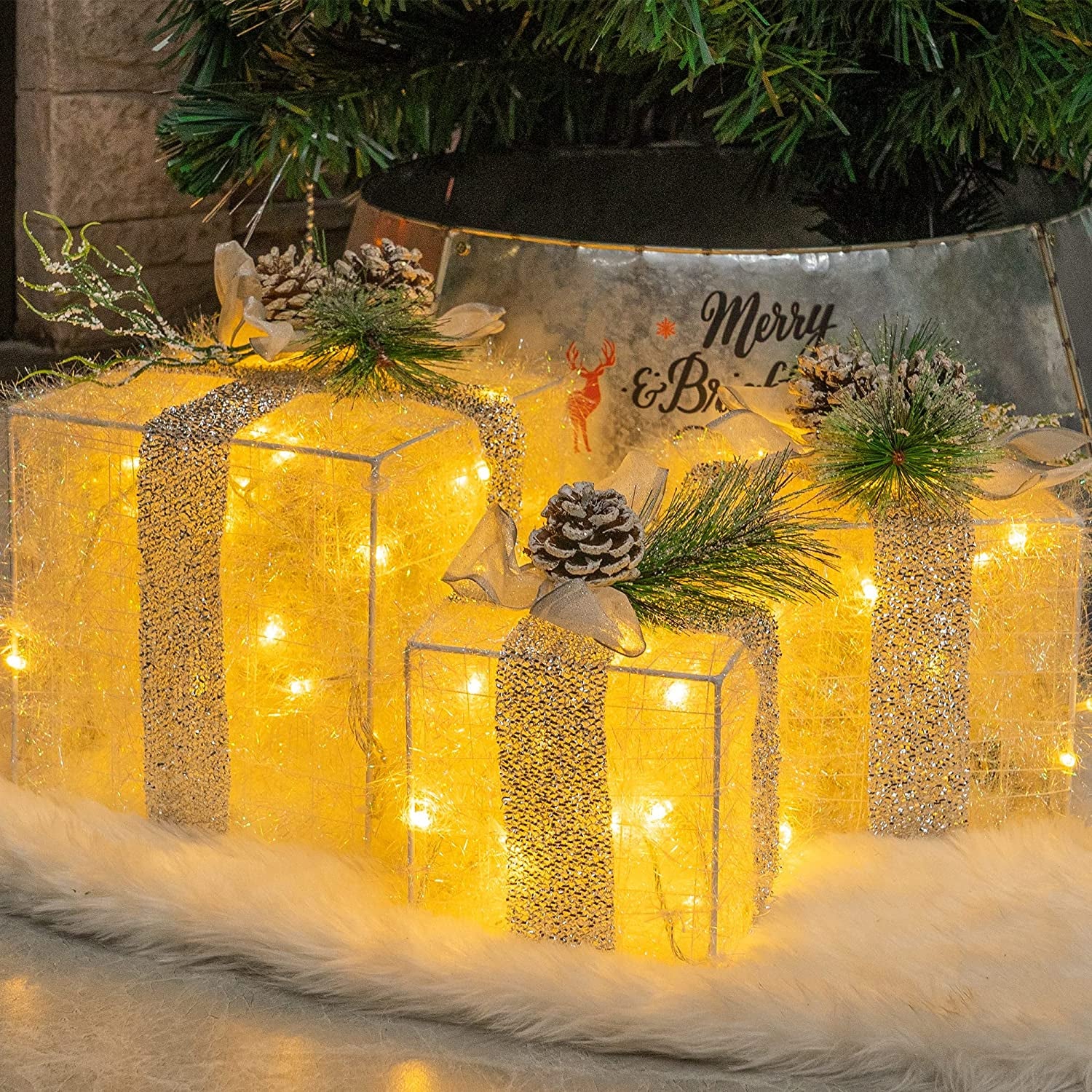  Pre-Lit 60 LED Christmas Gift Boxes Set of 3