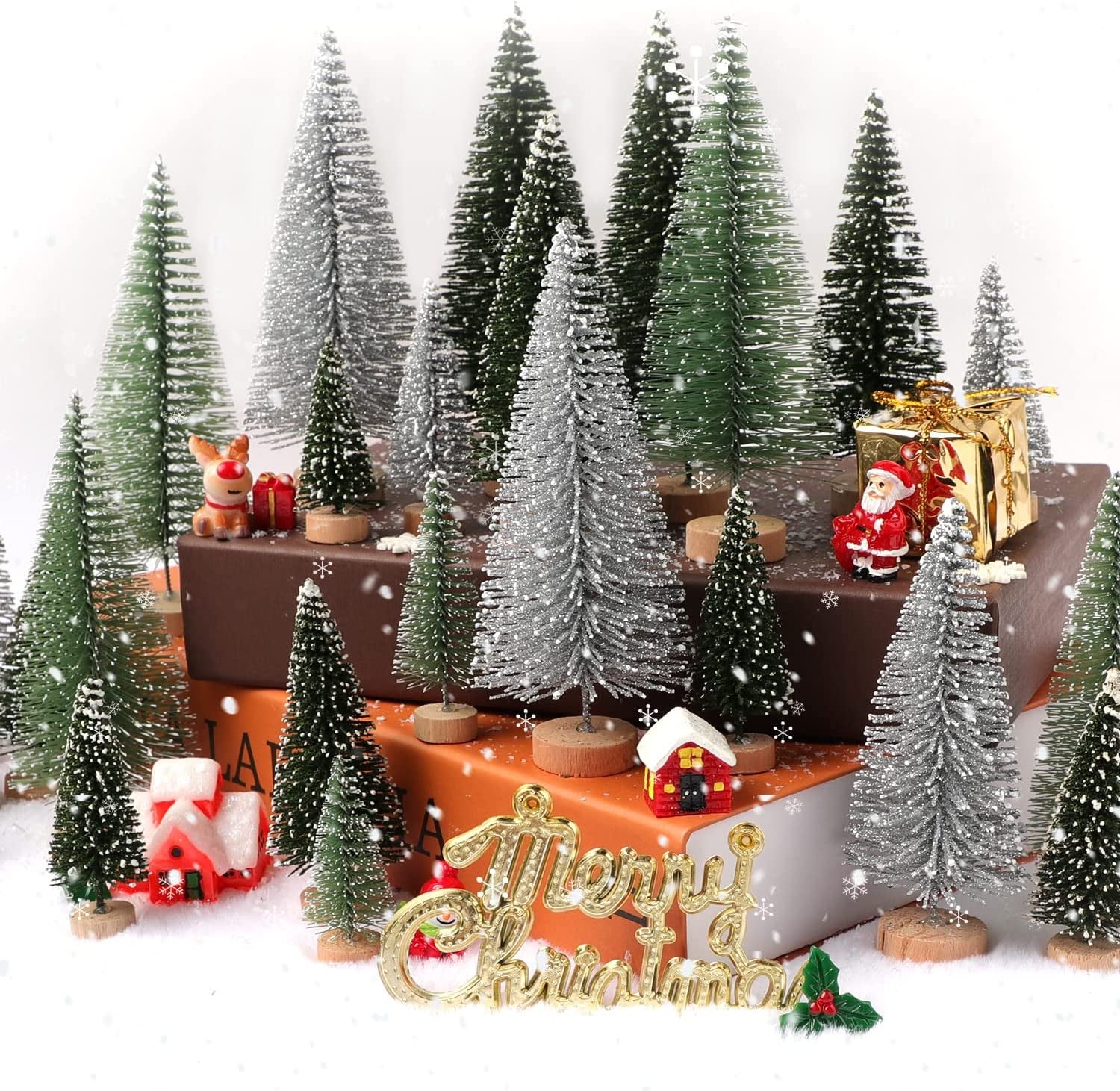 Mini Artificial Christmas Trees with Wooden Base 